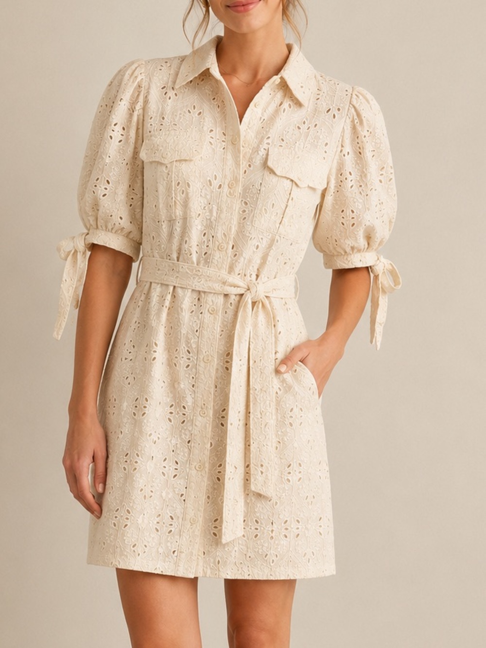 En Saison Cream Eyelet Shirt Dress Mini Puff Sleeve Belted Medium 100% Cotton